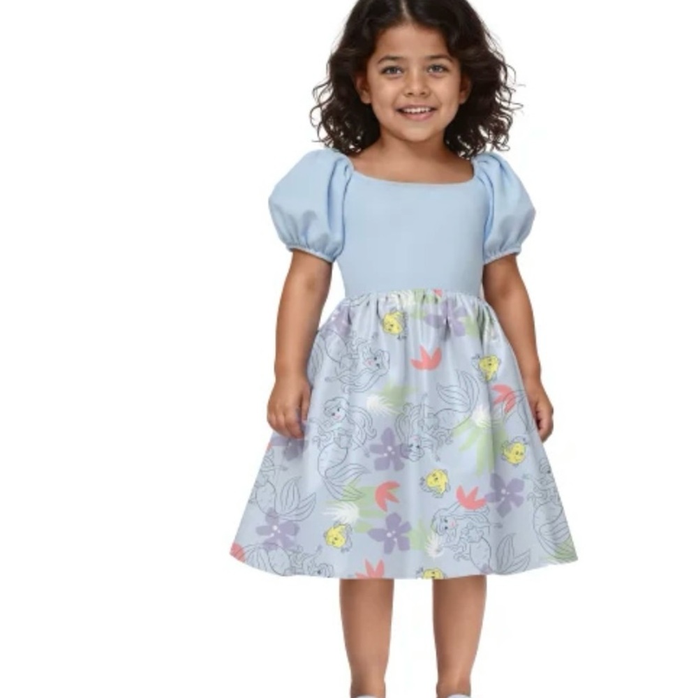 Disney The little Mermaid Satin Puff Sleeve Dress with Floral Accents